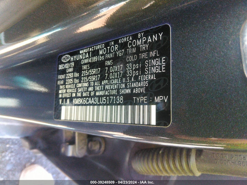VIN KM8K6CAA3LU517138 2020 HYUNDAI KONA SEL PLUS