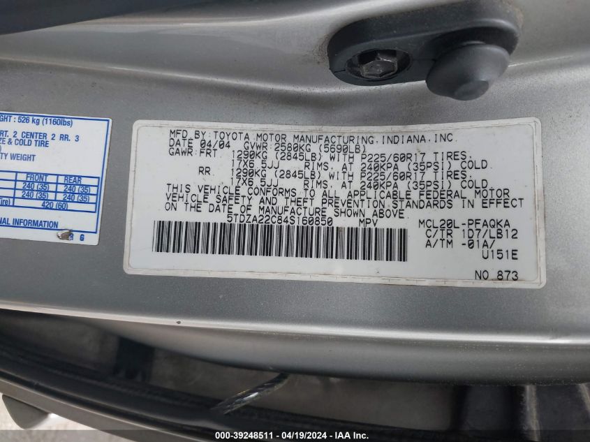 5TDZA22C84S160850 2004 Toyota Sienna Xle