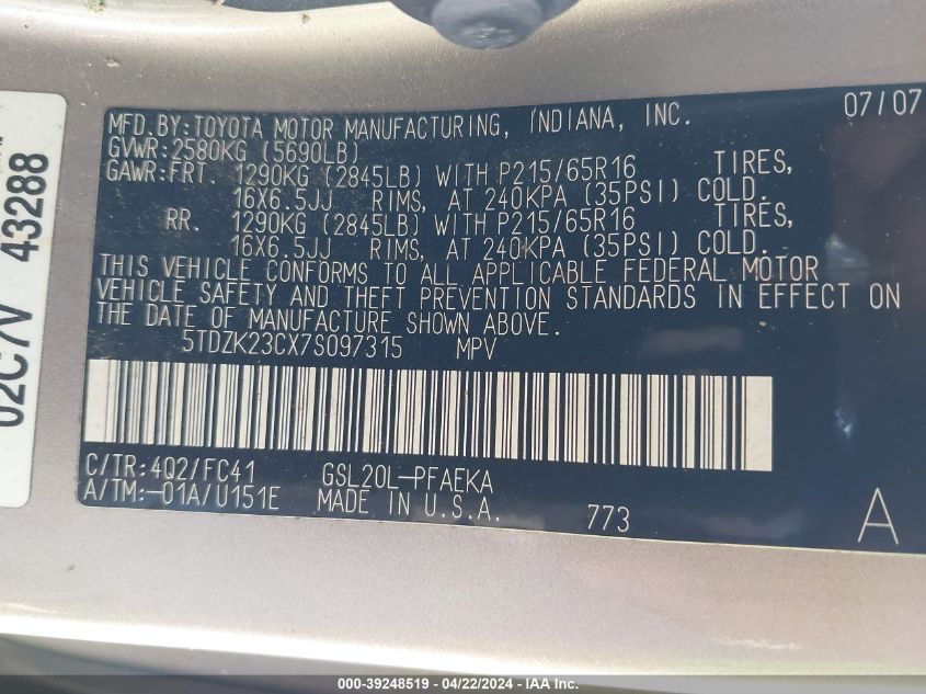 2007 Toyota Sienna Le VIN: 5TDZK23CX7S097315 Lot: 39248519