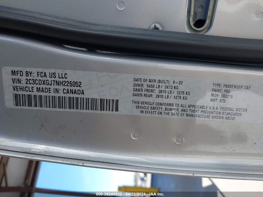 2022 Dodge Charger Scat Pack Widebody VIN: 2C3CDXGJ7NH226052 Lot: 39248532