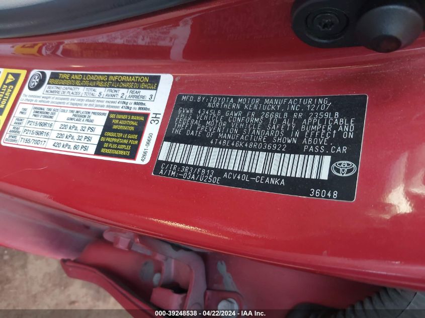 2008 Toyota Camry Le VIN: 4T4BE46K48R036922 Lot: 39248538