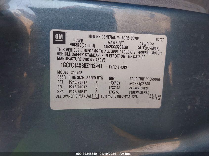 2008 Chevrolet Silverado 1500 Work Truck VIN: 1GCEC14X38Z112941 Lot: 39248540