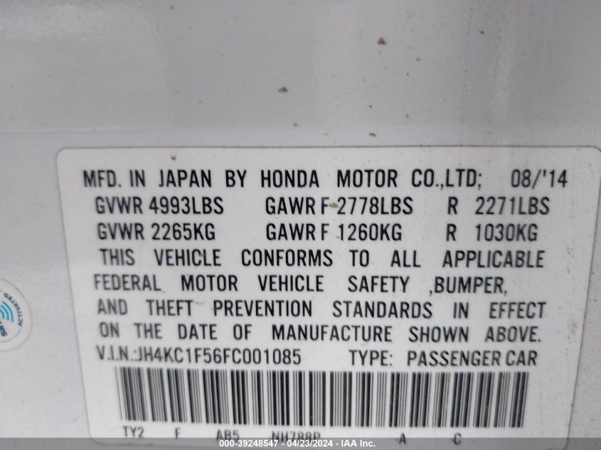 2015 Acura Rlx VIN: JH4KC1F56FC001085 Lot: 39248547