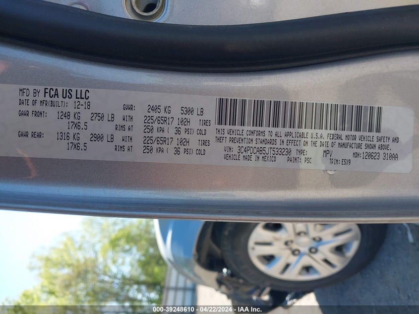 VIN 3C4PDCAB5JT533230 2018 DODGE JOURNEY SE