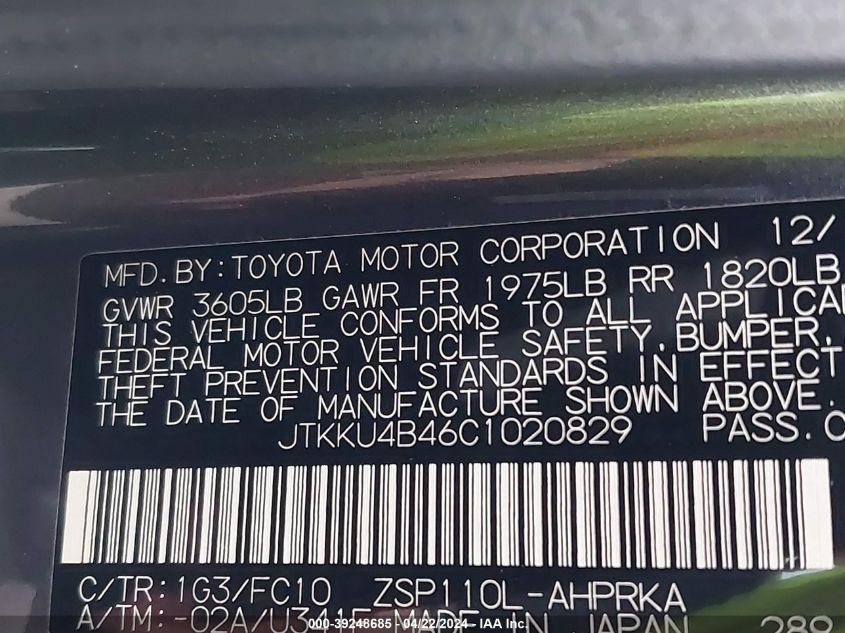 2012 Scion Xd VIN: JTKKU4B46C1020829 Lot: 39248685