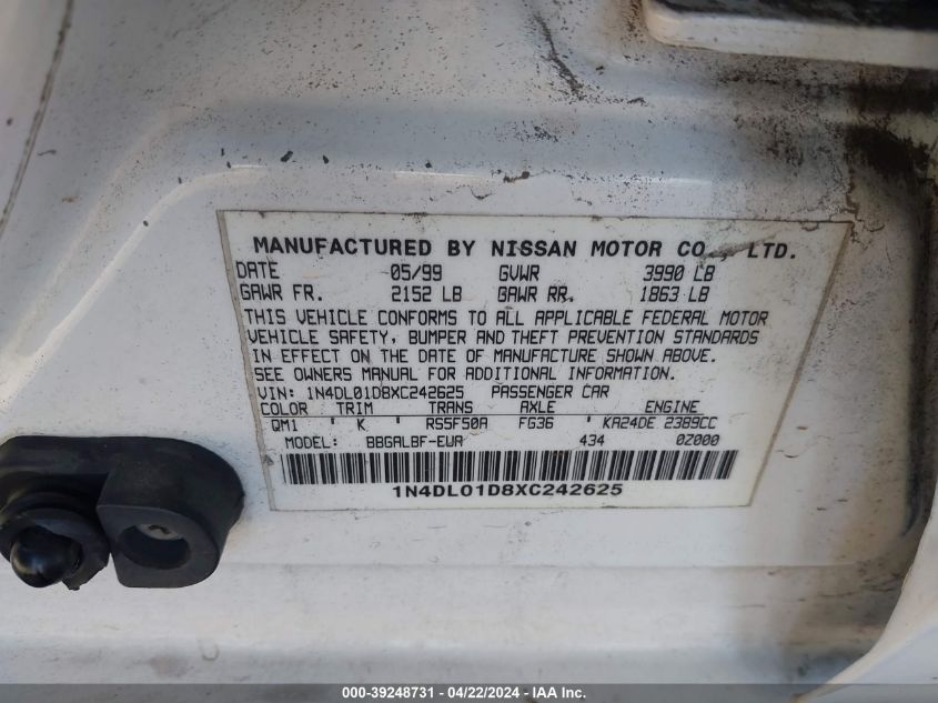 1999 Nissan Altima Gle/Gxe/Se/Se-L/Xe VIN: 1N4DL01D8XC242625 Lot: 39248731