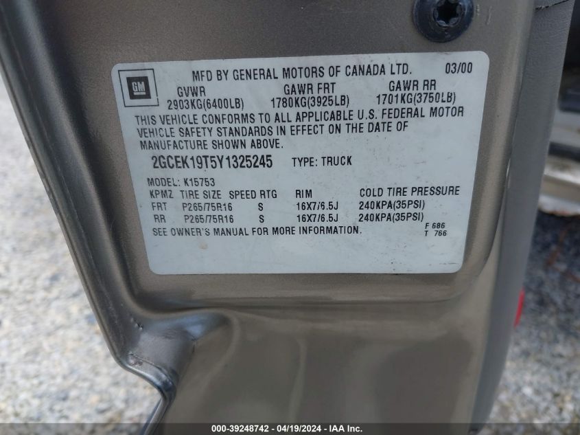 2000 Chevrolet Silverado 1500 Ls VIN: 2GCEK19T5Y1325245 Lot: 39248742