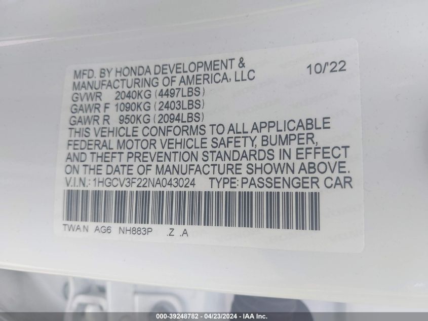 2022 Honda Accord Hybrid Sport VIN: 1HGCV3F22NA043024 Lot: 39248782