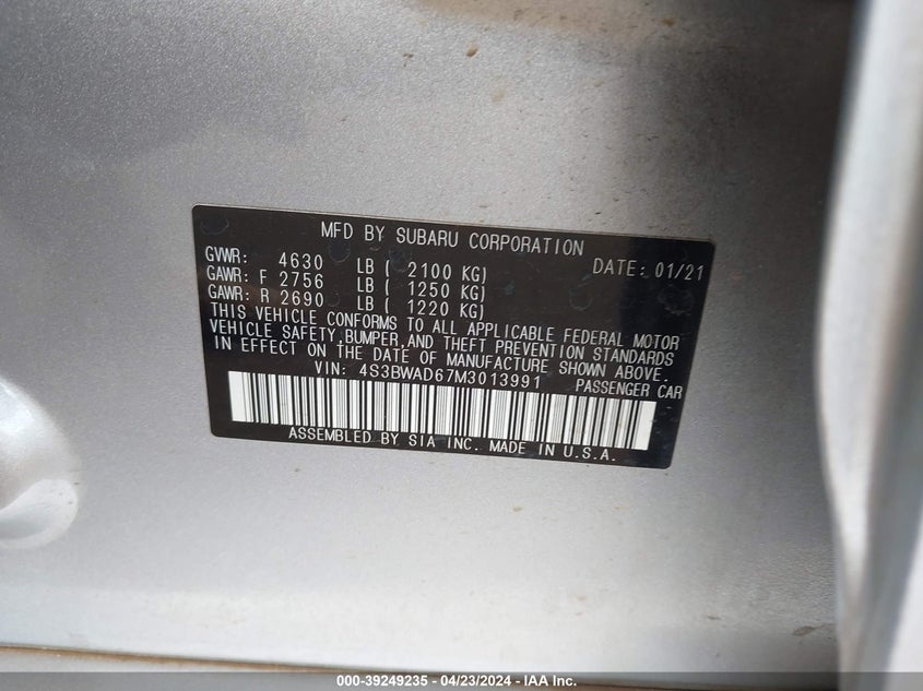VIN 4S3BWAD67M3013991 2021 SUBARU LEGACY PREMIUM
