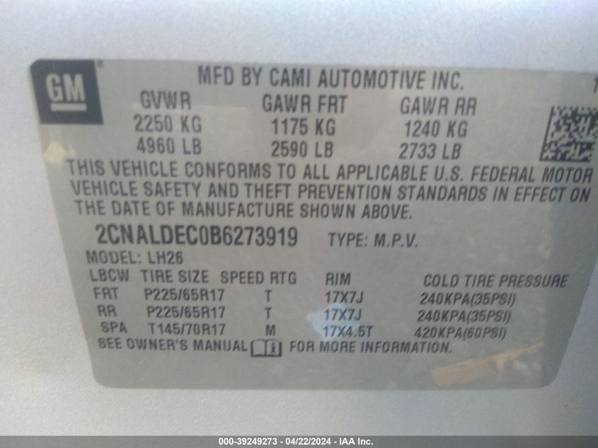 2011 Chevrolet Equinox 1Lt VIN: 2CNALDEC0B6273919 Lot: 39249273