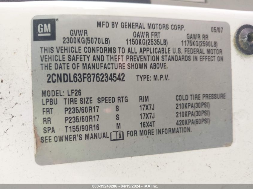 2007 Chevrolet Equinox Lt VIN: 2CNDL63F876234542 Lot: 39249286