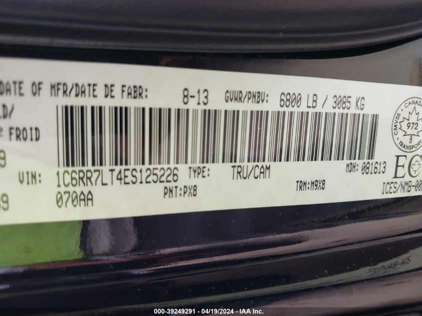2014 Ram 1500 Slt VIN: 1C6RR7LT4ES125226 Lot: 39249291
