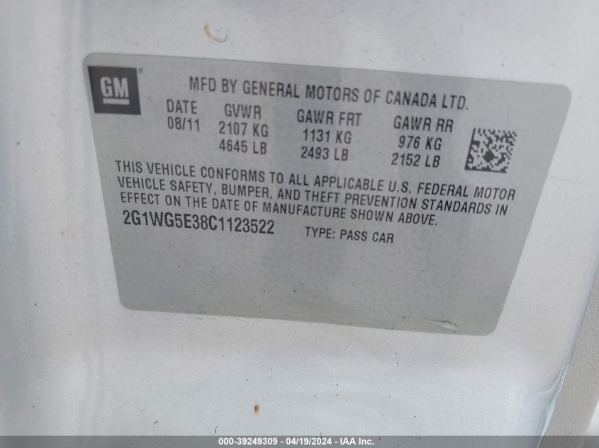 2012 Chevrolet Impala Lt VIN: 2G1WG5E38C1123522 Lot: 39249309