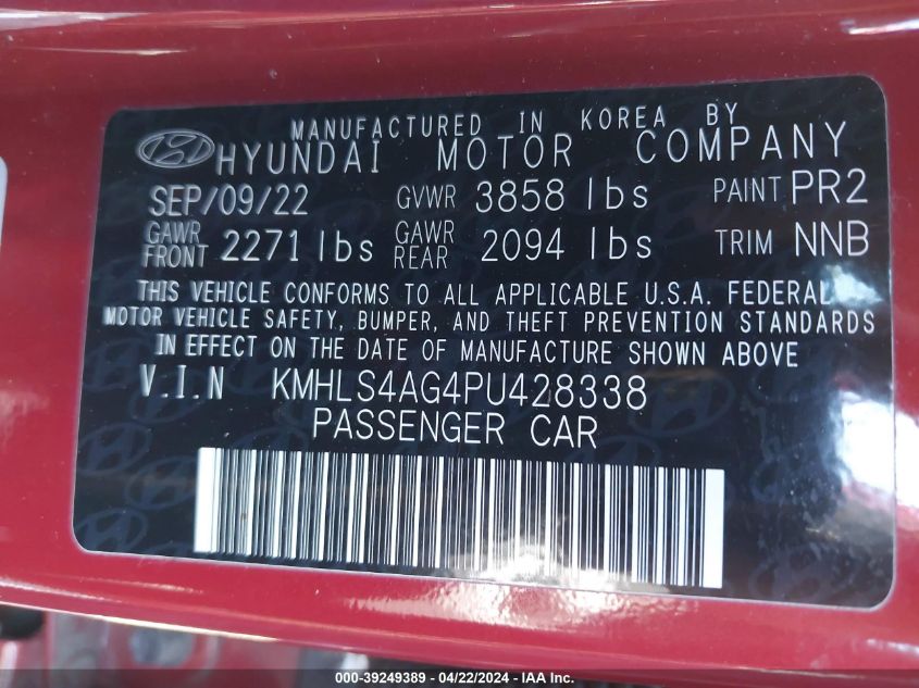 2023 Hyundai Elantra Sel VIN: KMHLS4AG4PU428338 Lot: 39249389