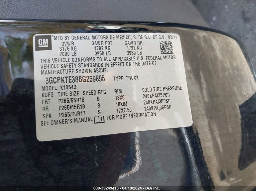 2011 Chevrolet Silverado 1500 Ltz VIN: 3GCPKTE38BG259895 Lot: 39249415