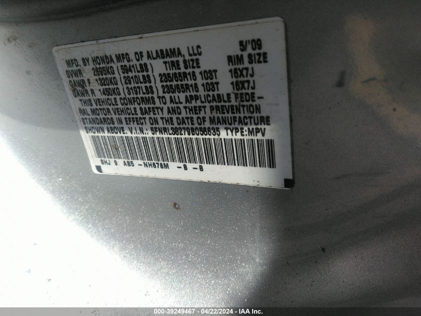 2009 Honda Odyssey Lx VIN: 5FNRL38279B056635 Lot: 39249467