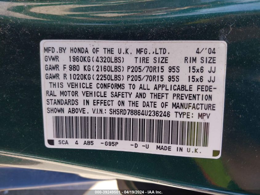 2004 Honda Cr-V Ex VIN: SHSRD78864U236246 Lot: 39249501