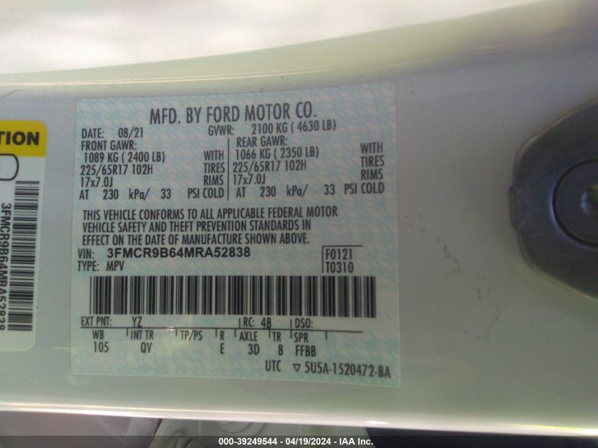 2021 Ford Bronco Sport Big Bend VIN: 3FMCR9B64MRA52838 Lot: 39249544