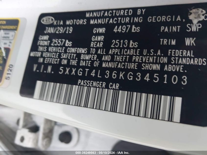 2019 Kia Optima Lx VIN: 5XXGT4L36KG345103 Lot: 39249563