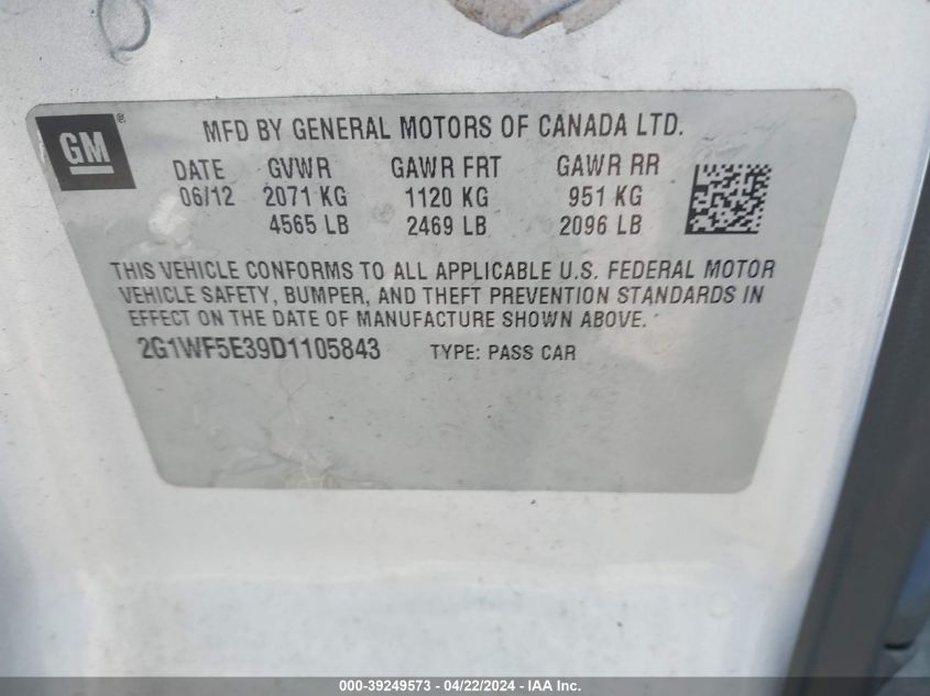 2013 Chevrolet Impala Ls VIN: 2G1WF5E39D1105843 Lot: 39249573