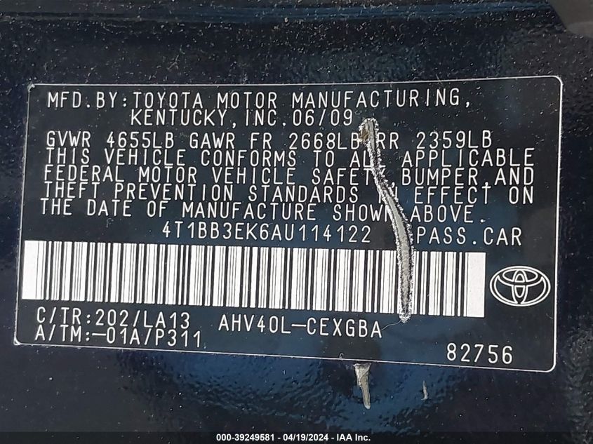 2010 Toyota Camry Hybrid VIN: 4T1BB3EK6AU114122 Lot: 39249581