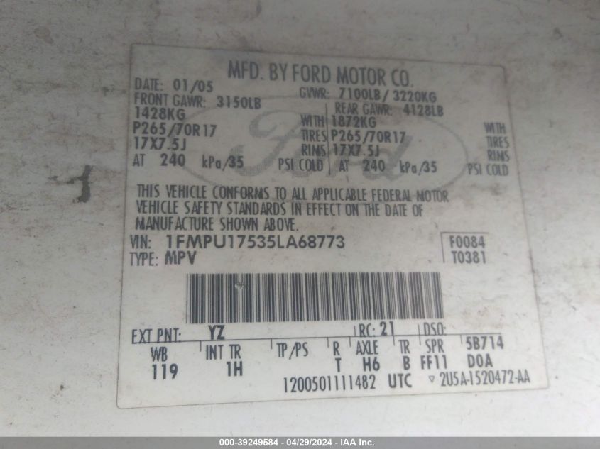 2005 Ford Expedition Eddie Bauer/King Ranch VIN: 1FMPU17535LA68773 Lot: 39249584