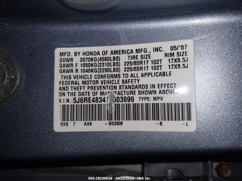 2007 Honda Cr-V Lx VIN: 5J6RE48347L003999 Lot: 39249634