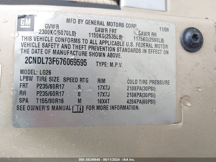 2007 Chevrolet Equinox Lt VIN: 2CNDL73F676069595 Lot: 39249640