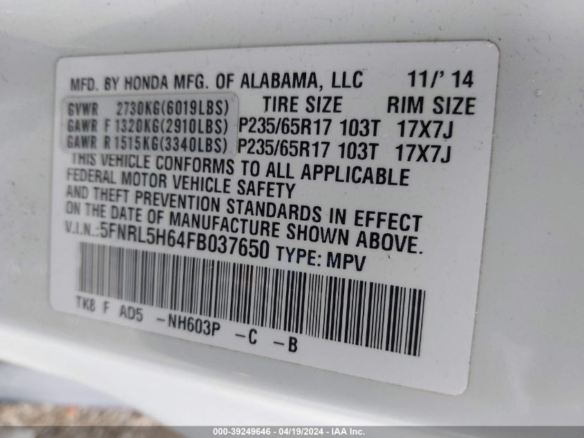 2015 Honda Odyssey Ex-L VIN: 5FNRL5H64FB037650 Lot: 39249646