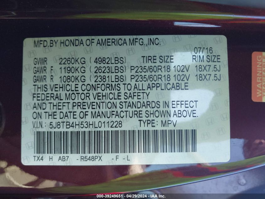 2017 Acura Rdx Technology Acurawatch Plus Packages/W/Technology Package VIN: 5J8TB4H53HL011228 Lot: 39249651