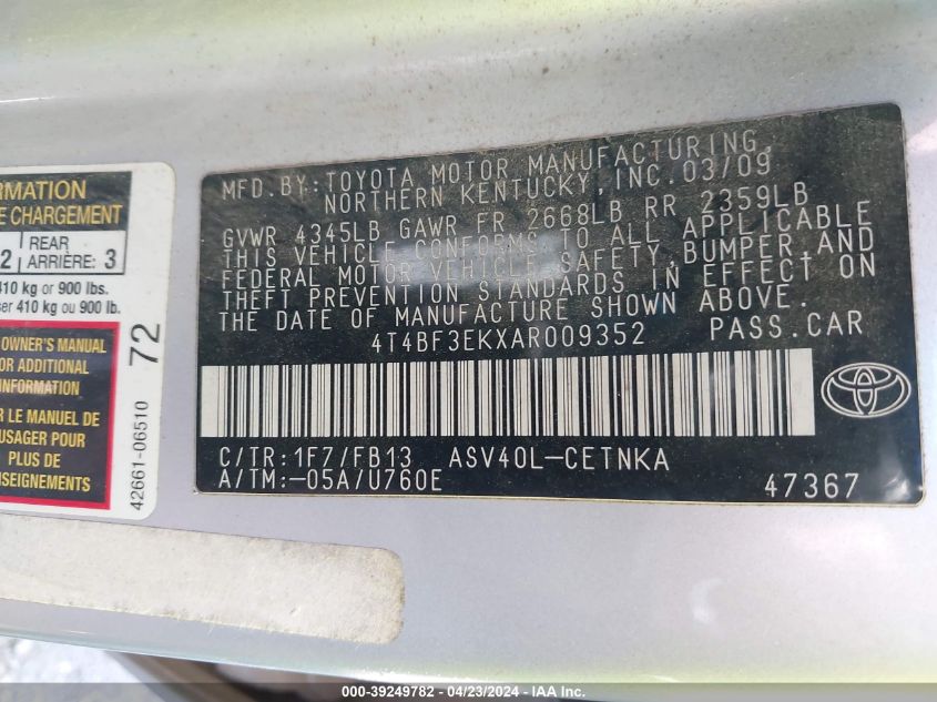 4T4BF3EKXAR009352 2010 Toyota Camry Le/Se/Xle