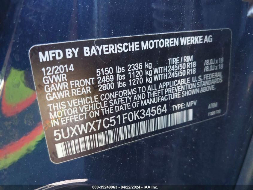 5UXWX7C51F0K34564 2015 BMW X3 xDrive35I