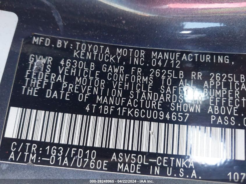 2012 Toyota Camry Le VIN: 4T1BF1FK6CU094657 Lot: 39249965