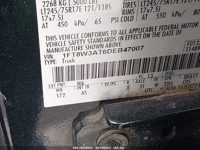 2013 Ford F-350 Xl VIN: 1FT8W3AT6DEB47007 Lot: 39250003