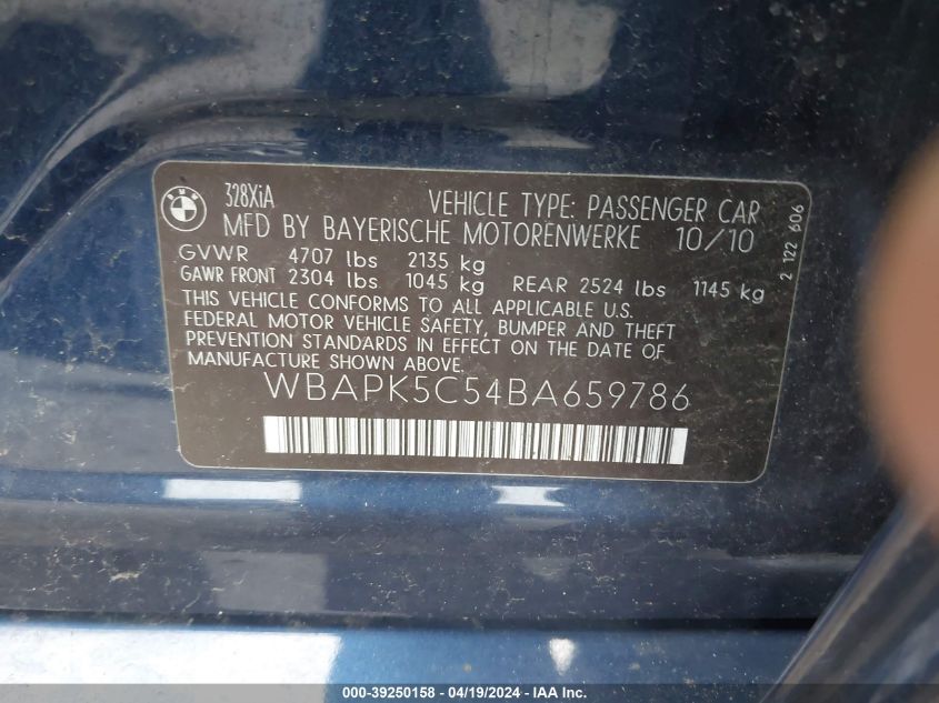 2011 BMW 328I xDrive VIN: WBAPK5C54BA659786 Lot: 39250158