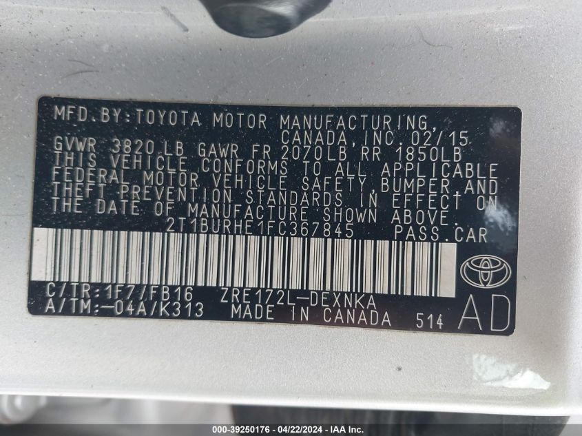 2T1BURHE1FC367845 2015 Toyota Corolla Le