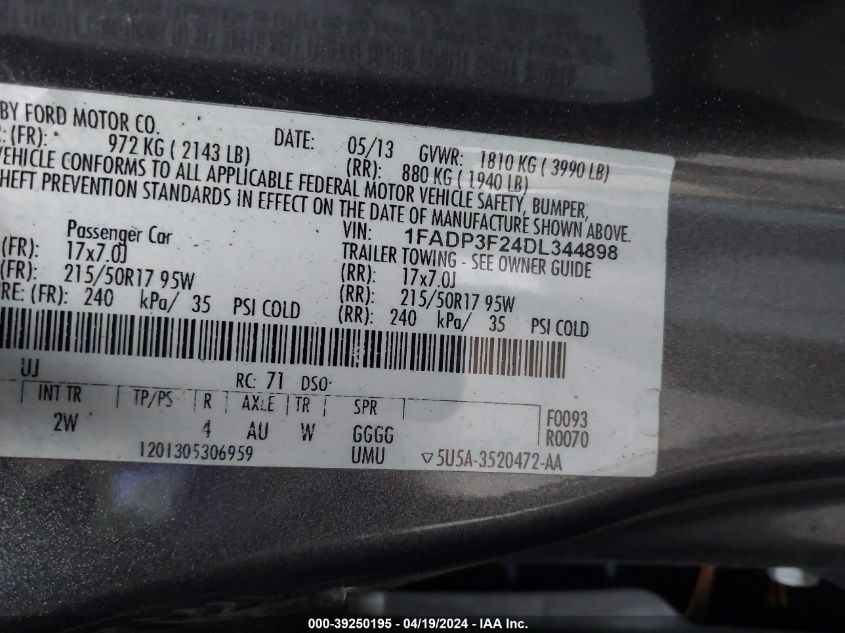 2013 Ford Focus Se VIN: 1FADP3F24DL344898 Lot: 39250195