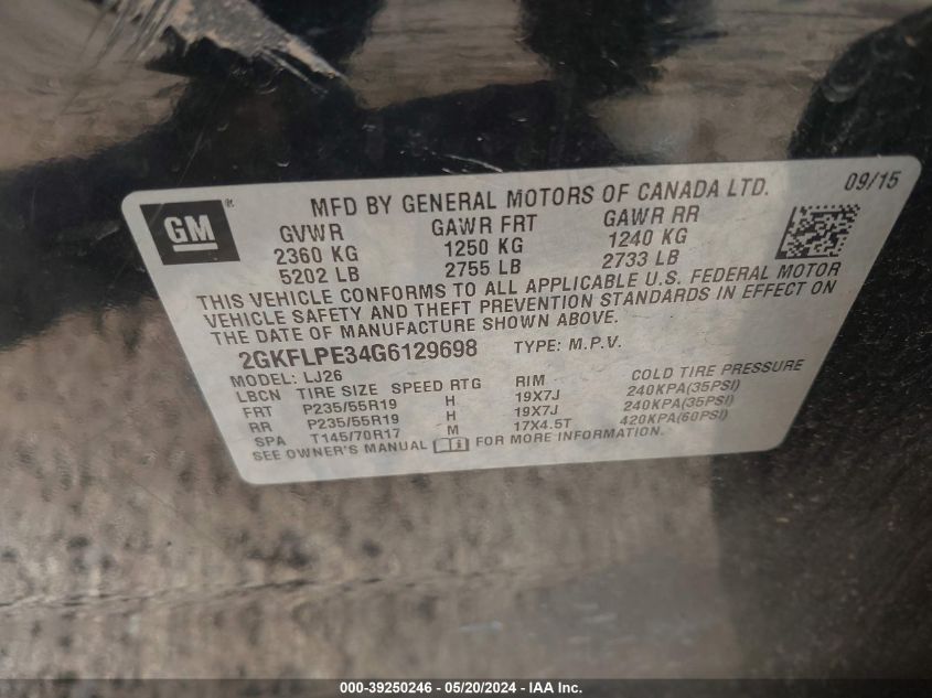 2016 GMC Terrain Slt VIN: 2GKFLPE34G6129698 Lot: 39250246