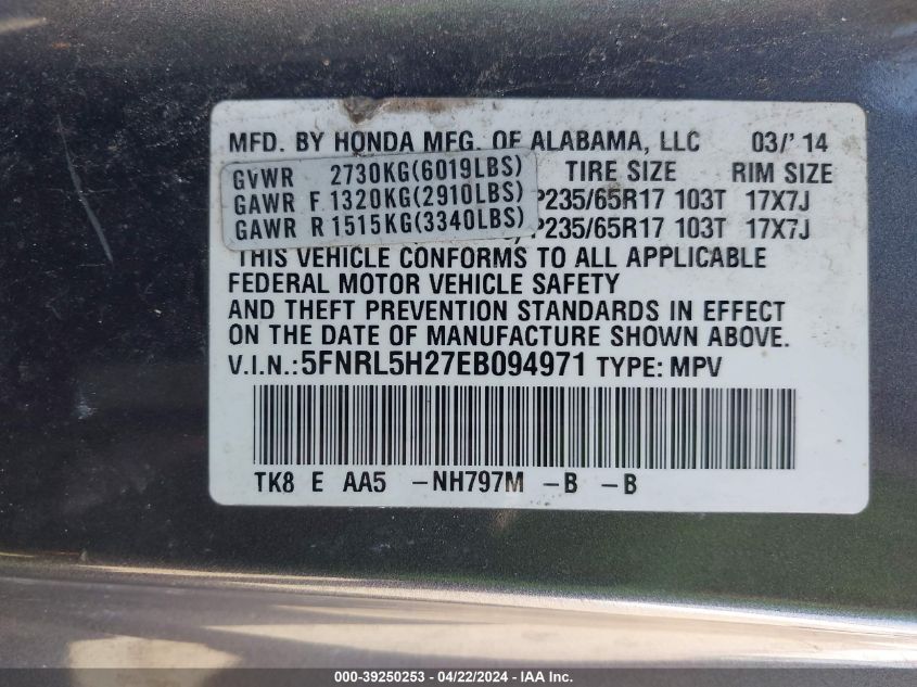 2014 Honda Odyssey Lx VIN: 5FNRL5H27EB094971 Lot: 39250253