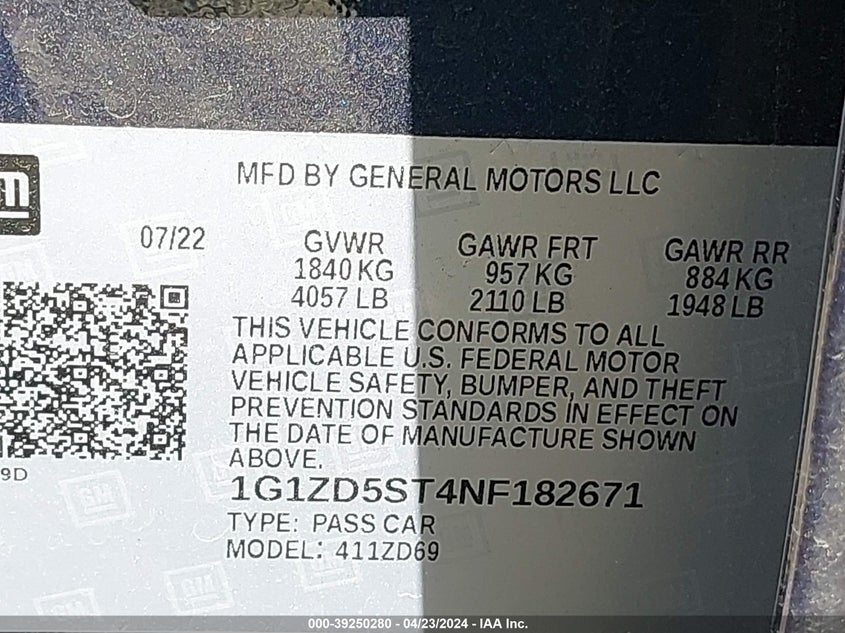 VIN 1G1ZD5ST4NF182671 2022 CHEVROLET MALIBU LT