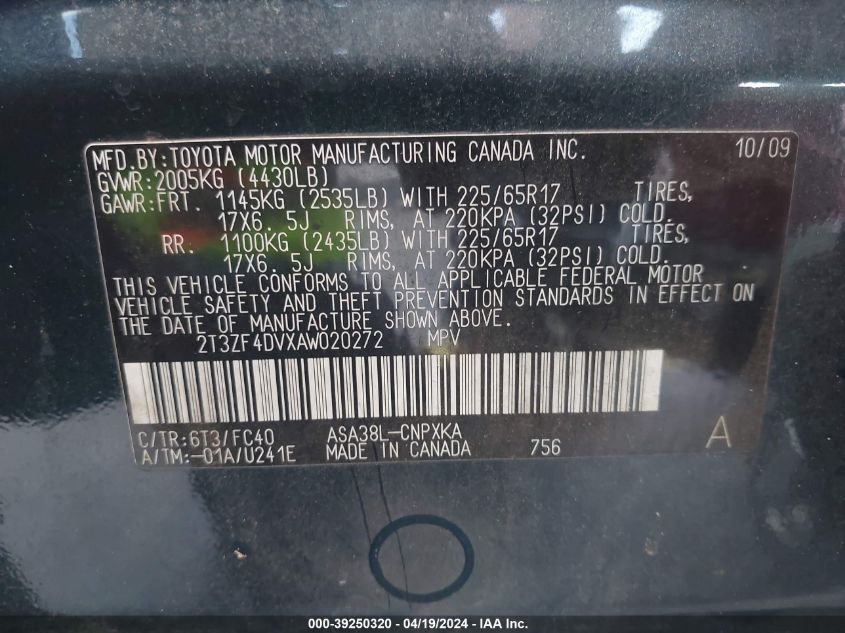 2010 Toyota Rav4 VIN: 2T3ZF4DVXAW020272 Lot: 39250320