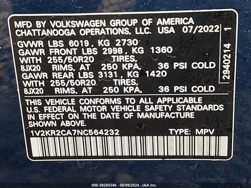 1V2KR2CA7NC564232 2022 Volkswagen Atlas 3.6L V6 Se W/Technology