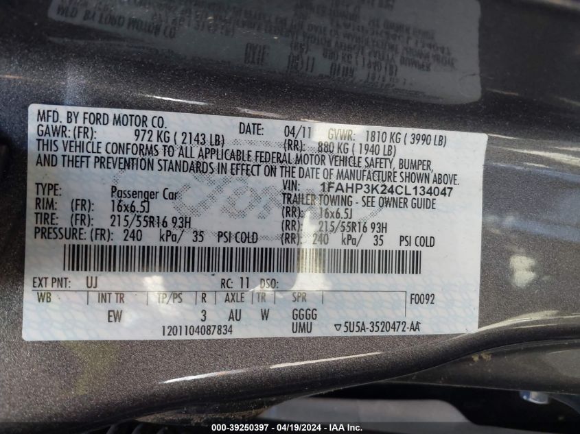 1FAHP3K24CL134047 | 2012 FORD FOCUS