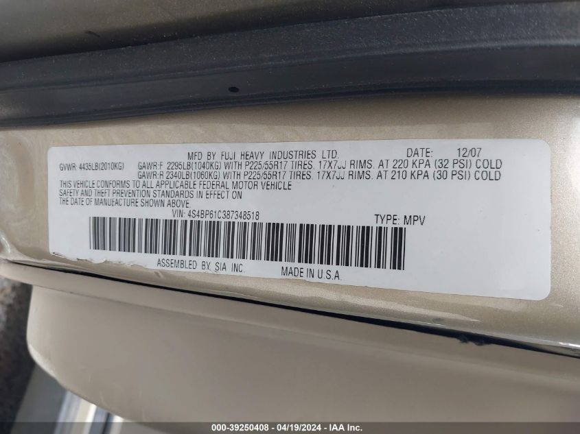 4S4BP61C387348518 | 2008 SUBARU OUTBACK