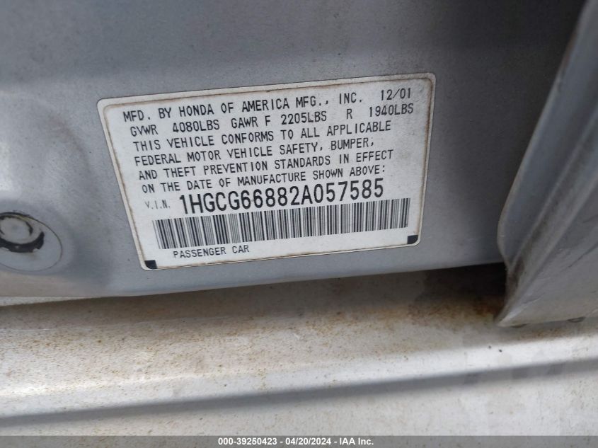 1HGCG66882A057585 | 2002 HONDA ACCORD