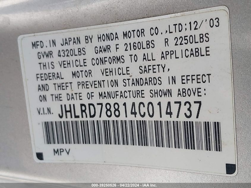 2004 Honda Cr-V Ex VIN: JHLRD78814C014737 Lot: 39250526