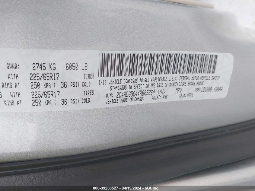 2019 Dodge Grand Caravan Se VIN: 2C4RDGBG4KR805264 Lot: 39250527