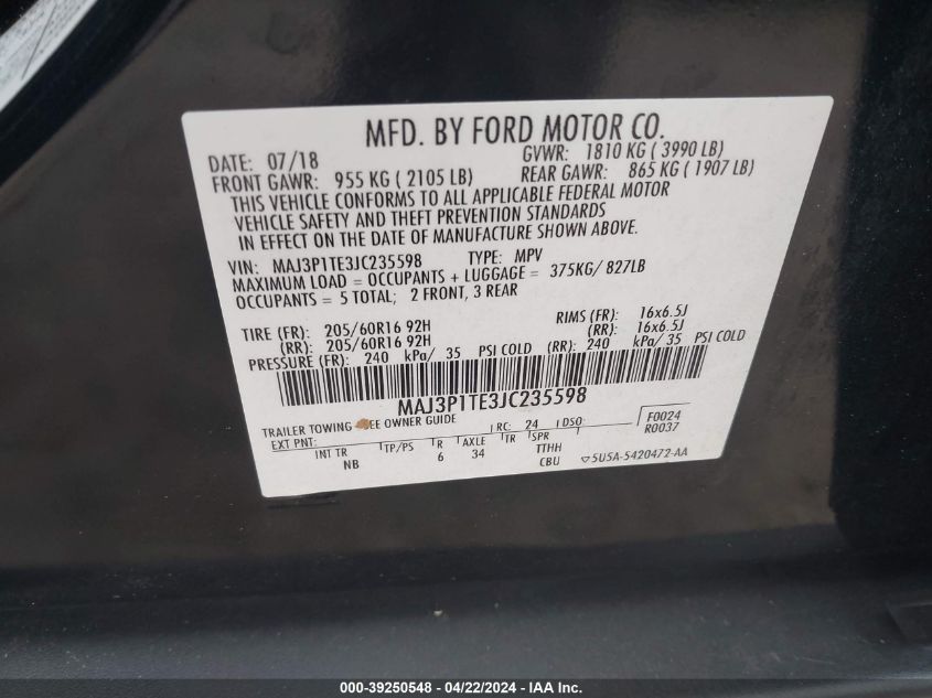 2018 Ford Ecosport Se VIN: MAJ3P1TE3JC235598 Lot: 39250548