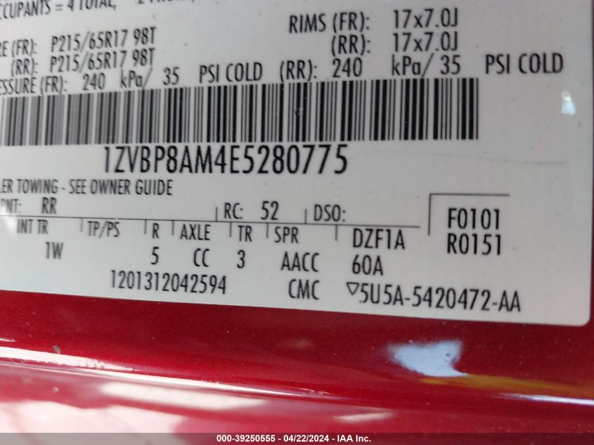 2014 Ford Mustang V6 VIN: 1ZVBP8AM4E5280775 Lot: 39250555