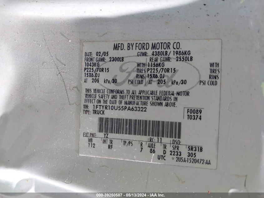 2005 Ford Ranger Edge/Stx/Xl/Xls/Xlt VIN: 1FTYR10U55PA63322 Lot: 39250587